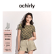 欧时力（OCHIRLY）【新品】T恤女2026夏季菱格印花缩褶正肩短袖上衣 灰绿格 M