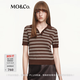 MO&Co.针织衫摩安珂春秋复古条纹POLO领轻薄绵羊毛混纺 布朗尼色 M /165
