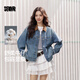森马（Semir）牛仔外套女26秋新款巴恩风翻领做旧宽松夹克短款箱型复古水洗上衣
