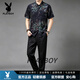 花花公子（PLAYBOY）中国风香云纱真丝男装短袖衬衫男士复古印花衬衣新中式唐装汉服 黑色 L 120-140斤