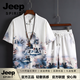 JEEP SPIRIT汉服成人男夏季古装侠客剑客书生男士国风舞台装班服短裤唐装复古 白色 套装 M (39) 100 - 120 斤