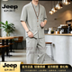 JEEP SPIRIT高档中老年唐装男士短袖汉服夏季薄款复古衬衫中式爸爸装棉麻套装 浅灰色套装 M 【90-120斤】