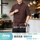 JEEP SPIRIT夏季短袖唐装男士中年新中式国风天丝亚麻衬衣复古风套装 酒红色 2XL 150-170斤