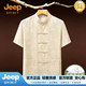 JEEP SPIRIT桑蚕丝绸唐装男香云纱短袖衬衫男士盘扣立领汉服刺绣爸爸装 米黄色 L 39/110-130斤