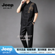 JEEP SPIRIT龟裂纹香云纱男装高端品牌唐装男士短袖套装桑蚕丝茶服新中式夏装 沉稳黑套装【飞龙在天】 M (100-120斤)