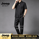 JEEP SPIRIT龟裂纹香云纱套装唐装2026正流行中老年人真丝短袖两件套中式男装 黑色 M 【建议100-115斤】