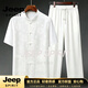 JEEP SPIRIT桑蚕丝唐装男中老年爸爸夏装短袖老人衣服中国风套装爷爷太极服 白色 套装 M 100-125斤
