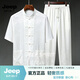 JEEP SPIRIT2026夏季中年桑蚕丝唐装男士短袖中国风套装复古风爷爷晨练太极服 白色 M 80-115斤