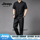 JEEP SPIRIT香云纱真丝中国风唐装男士短袖套装复古风男装汉服中式茶艺服装 黑色 L (170) 115 - 130 斤