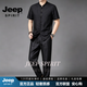 JEEP SPIRIT中国风唐装男短袖套装复古风汉服男青年中山装古装香云纱真丝 黑色 L 130-150斤