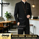 JEEP SPIRIT中国风中山装男士套装中式婚礼伴郎服新郎结婚礼服古装汉服唐装 黑色 M 【参考体重100-110斤】