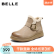 百丽（Belle）复古擦色鞋头牛皮休闲靴女冬季新款商场厚底短靴E5D1DDD5 杏色-毛里 38 (240mm)