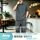 JEEP SPIRIT夏季新款中式冰丝棉麻短袖衬衫套装男士唐装中国风宽松大码运动服 深灰色 M 80-115斤