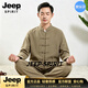 JEEP SPIRIT茶服中国风棉麻唐装男士新中式秋季复古衬衫宽松居士服中山装套装 军绿色 【立体裁剪】 M 【建议体重100-120斤】
