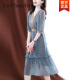 拉夏贝尔（La Chapelle）连衣裙女2023夏季新款高端刺绣设计感收腰显瘦法式气质雪纺裙子 蓝色 XL