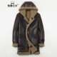 凯撒亿尔绵羊皮草男装中长款连帽大衣外套羊羔毛皮毛一体男士真皮衣中长款 棕米 185/54XXXL