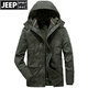 JEEP SPIRIT吉普棉衣男冬季中长款纯棉外套加厚大码可脱帽保暖棉服内胆可拆卸 军色-0031 2XL 建议体重180斤左右