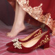 Qbily  婚鞋女 高跟鞋新娘鞋秀禾婚纱两穿中式红色粗跟高跟鞋孕妇婚鞋 酒红色4.5厘米粗跟婚鞋38码