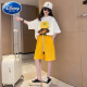 迪士尼（Disney）女童短袖套装夏装2024新款儿童洋气五分短裤夏天中大童运动两件套 黄色 绣花帽熊套装 170cm 正码