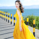 伊蒂格世品牌雪纺连衣裙女夏季新款黄色复古波西米亚海边度假无袖沙滩裙 黄色 S
