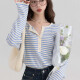 品彩长袖T恤女韩版小众设计感条纹圆领甜美修身百搭上衣 P137T2827