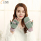 士丹熊手套女士冬季可爱韩版卡通学生露指加厚保暖针织毛线半截半指手套 粉绿色