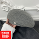 新款贝雷帽羊毛呢帽子女秋高级感大头围秋冬针织帽八角帽帽子女款 灰色 56-58cm