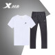 特步运动套装男士运动服男装夏季透气短袖T恤长裤休闲两件套 白色+黑色 L