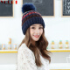 幽米时尚韩版针织保暖毛线帽女士毛球护耳系绳毛球拼色女可爱针织帽子 藏青