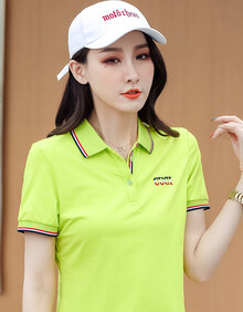 有领女士上衣女夏季韩版半袖t恤2020宽松纯色棉翻领polo衫新款 荧光绿