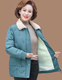 婳玮 中年人妈妈2021冬装棉衣加绒加厚短款棉服外套中老年女装棉袄时尚洋气 蓝绿色 2XL(建议105-120斤)