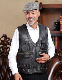 聚凯利 中老年牛皮狼毛马甲男 皮毛一体中老年坎肩真狼皮保暖加厚棉