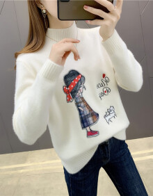 纯迩半高领加绒针织衫女2021年冬季新款韩版刺绣小人毛衣女套头宽松打底上衣外穿102201 白色 M(100-110)