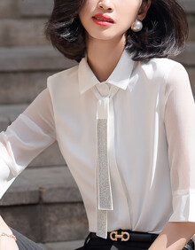 yhclj轻奢品牌女装白色雪纺衬衫女2021春夏新款时尚洋气中袖衬衣娃娃