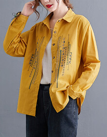 熙然商场同款女装民族风复古刺绣衬衫2020秋装宽松大码棉麻长袖衬衣