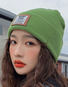 日系贴布百搭糖果色学生针织帽子女秋冬保暖护耳毛线帽冷帽潮帽 绿色
