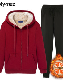 维依缦 卫衣女加绒加厚冬季2021年新款羊羔绒毛拉链开衫套装 酒红-纯色（009）+纯色卫裤 L