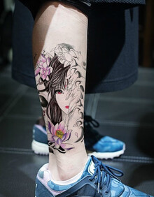 手臂性感个性刺青 花旦胳膊纹身贴纸 半臂彩色仿真纹身 荷花美女