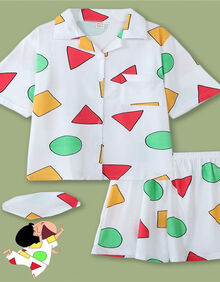 小新同款睡衣女士夏季短袖薄款家居服男ins卡通套装 大蜡笔双短白色