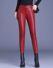 真皮皮裤女黑加绒2020秋冬新款紧身外穿打底小脚裤靴裤 枣红色 s