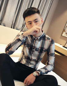 韩版修身衬衣男痞帅社会精神小伙紧身长袖衬衫格子男士春秋s码xs发型