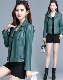 女秋装2020新款洋气显瘦减龄上衣小个子休闲西装领皮夹克 虾青色 m