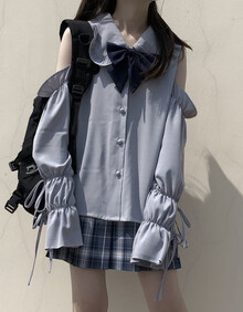 蔻梅jk制服格裙时尚套装女夏季新款学院系露肩长袖衬衫半身裙两件套