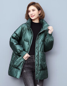 女士棉服中款亮面棉服女冬2020新宽松大码时尚立领棉衣中长款加厚妈妈