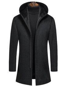 培蒙双面呢连帽大衣男秋冬中长款青年带帽拉链羊毛子男士风衣潮 黑色