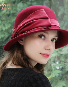 bylure品牌帽子女秋冬圆顶小礼帽羊毛加厚保暖盆帽渔夫帽 酒红色 m(56