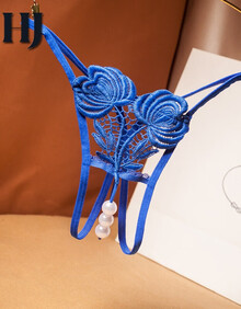 内裤按摩丁字裤女士低腰日系刺绣t裤半包臀小三w 蓝色>真人实拍内衣裤