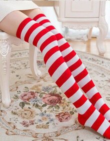 日系宽条纹过膝袜子女动漫学院风紫加黑cos百搭学生长筒jk打底袜 大红