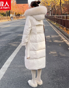 南极人 羽绒服女中长款冬装2020新款大毛领连帽外套韩版宽松系带保暖加厚过膝派克服 米白色 M（建议115-140斤）
