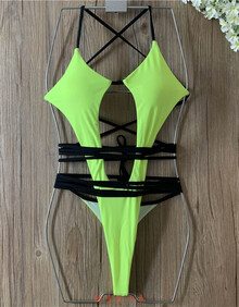 灏吉弧内衣高叉泳衣内衣欧美新款连体游泳衣女纯色长绳交叉绑带高叉